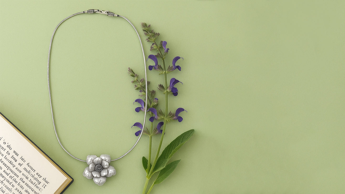 Sangeeta Boochra Elegant Oxidised Silver Bloom Pendant