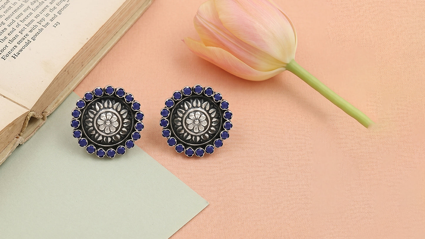 Sangeeta Boochra Statement Floral Oxidised Stud Earrings with Lapis Stones
