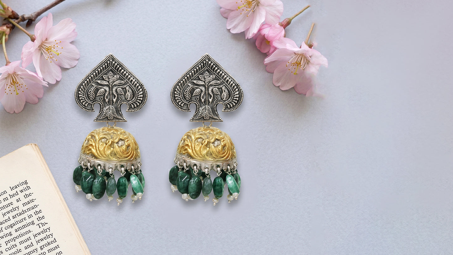 Sangeeta Boochra Dual Tone Green Bead Jhumka Earrings