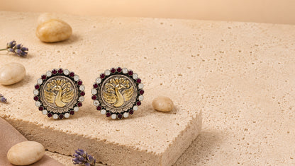 Sangeeta Boochra Handcrafted Dual Plated Silver Peacock Motif Stud Earrings