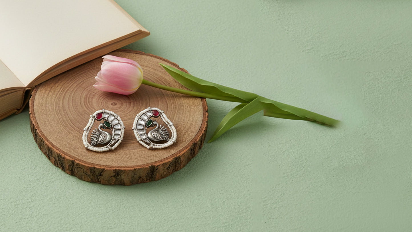 Sangeeta Boochra Heritage Peacock Design Silver Earrings