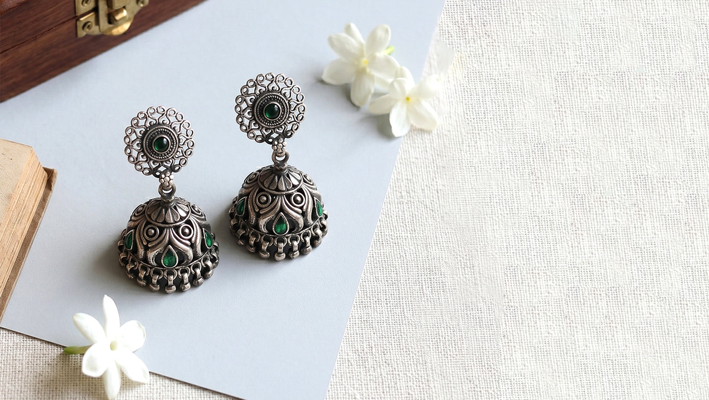 Sangeeta Boochra Tribal Inspired Oxidised Silver Jhumka Earrings