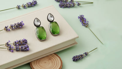 Sangeeta Boochra Artisan Silver Earrings with Green Stone