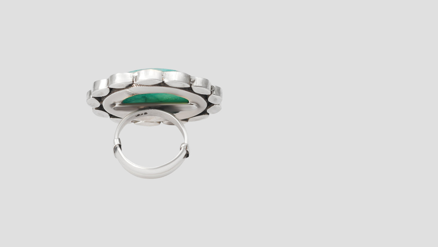 Sangeeta Boochra Handcrafted Silver Round Green Stone Ring