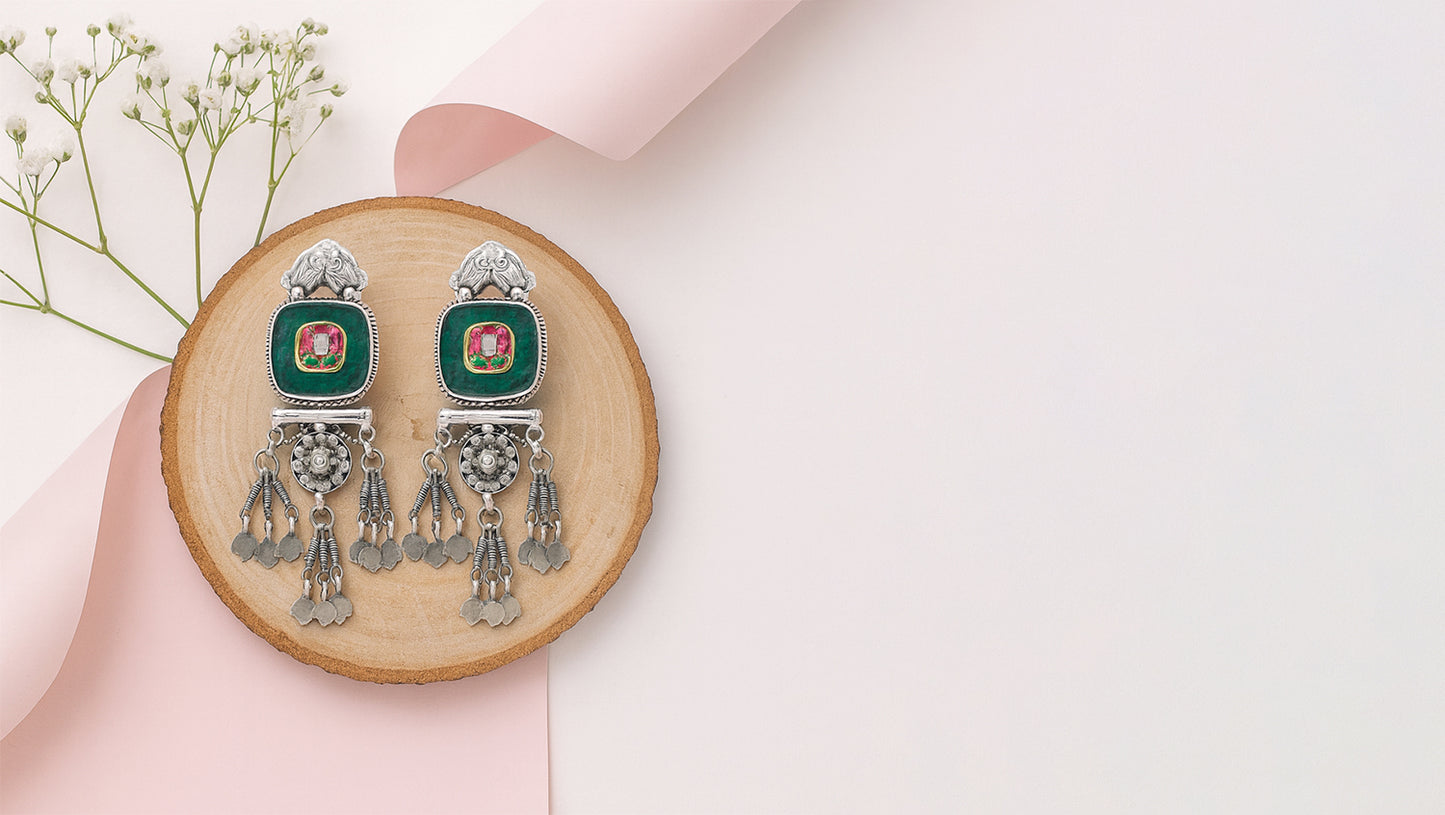 Handmade Silver Enamel Earrings for Festive Wear