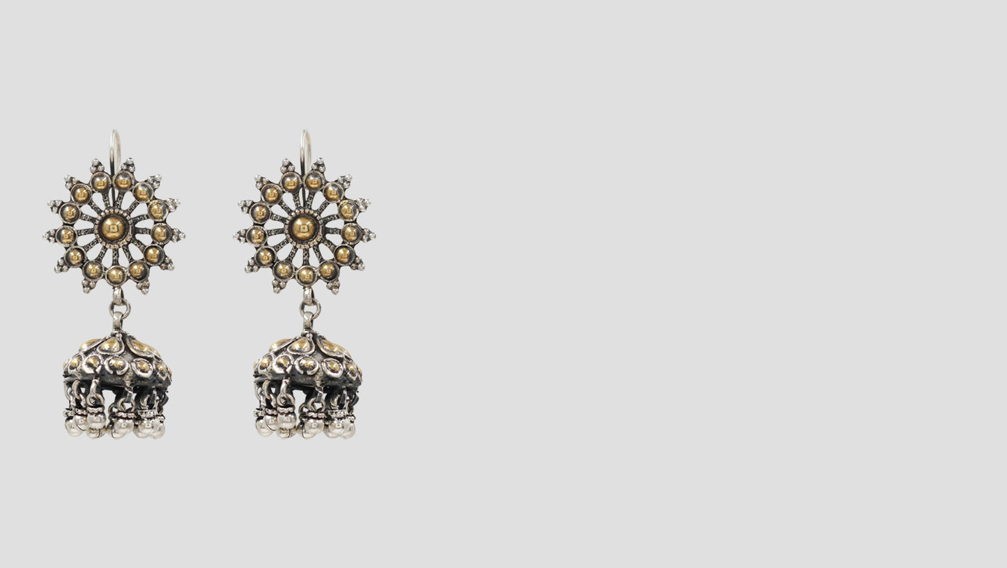 Sunburst Elegance: Oxidized Silver & Gold-Plated Jhumkas