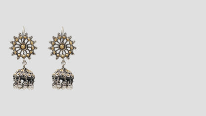 Sunburst Elegance: Oxidized Silver & Gold-Plated Jhumkas
