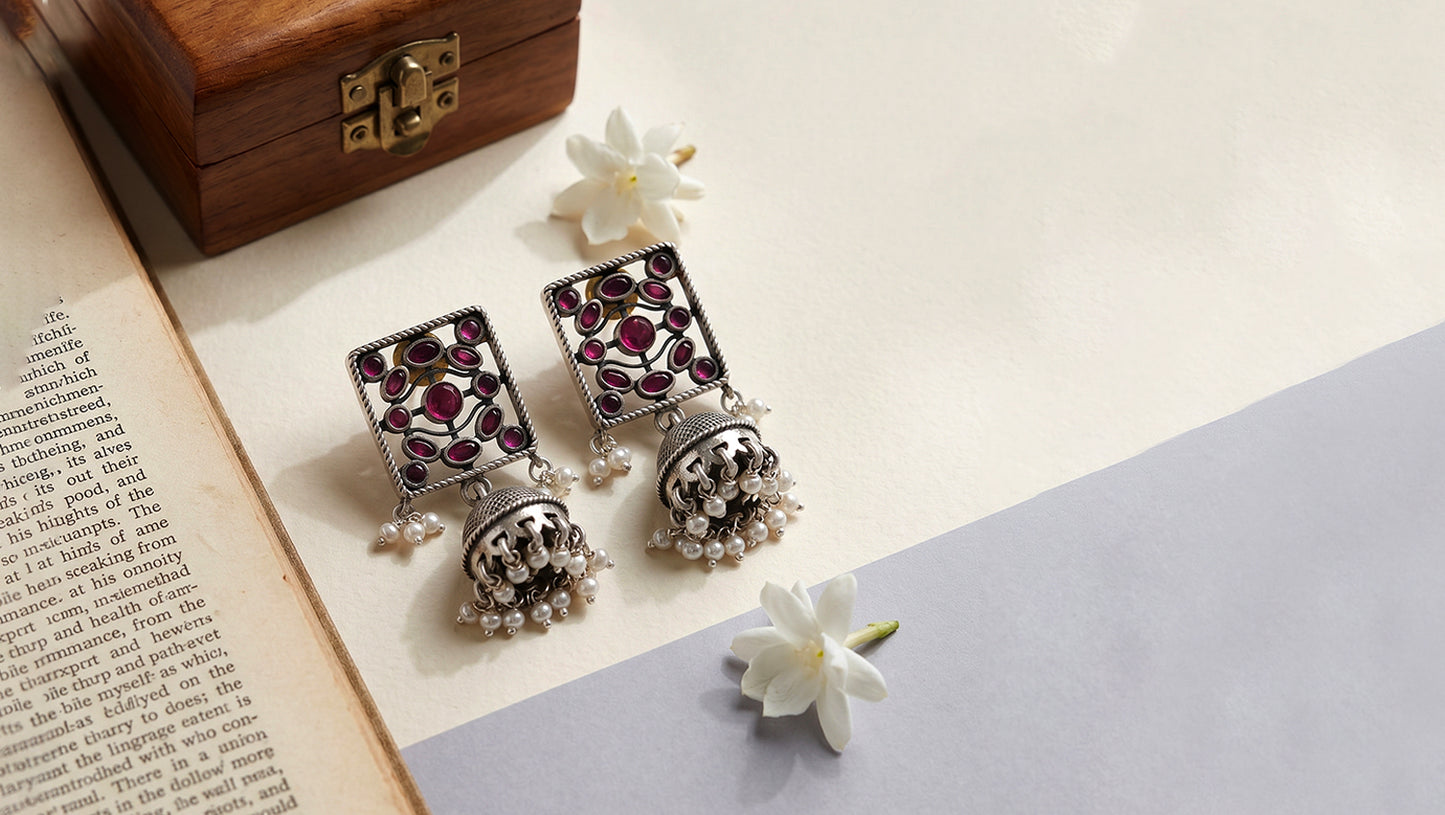 Sangeeta Boochra Square Motif Pearl Jhumka Earrings