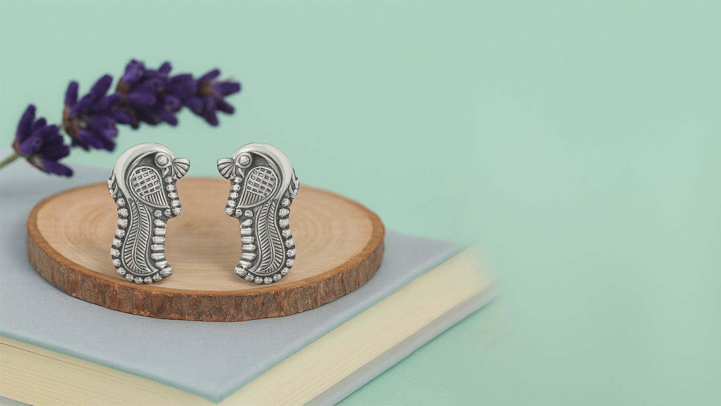 Sangeeta Boochra Handcrafted Ornate Silver Peacock Motif Stud Earrings