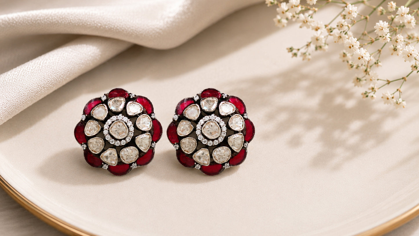 Sangeeta Boochra Handcrafted Silver Floral Earrings with Red Kundan & Moissanite