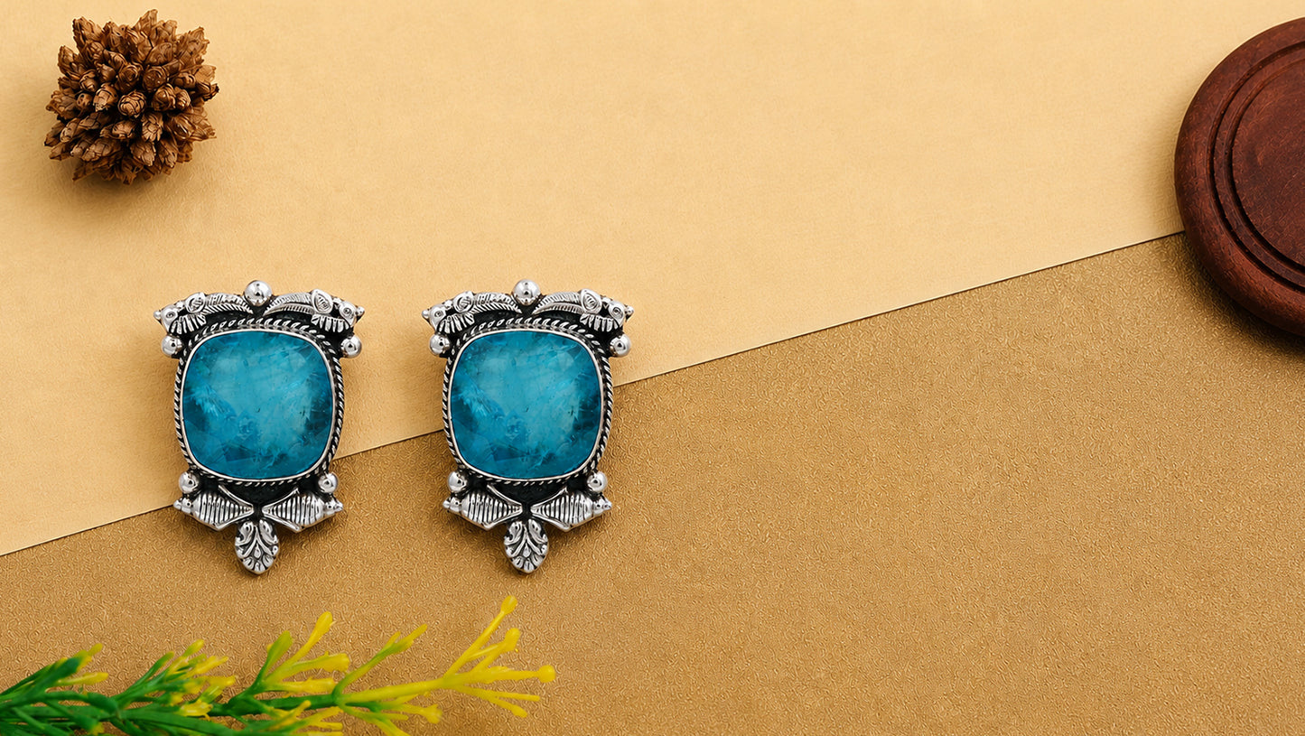 Sangeeta Boochra Handcrafted Oxidised Silver Statement Stud Earrings with Blue Stone