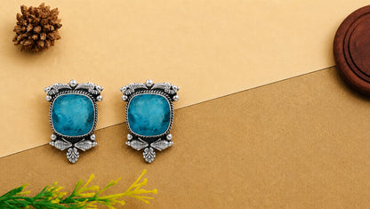 Sangeeta Boochra Handcrafted Oxidised Silver Statement Stud Earrings with Blue Stone