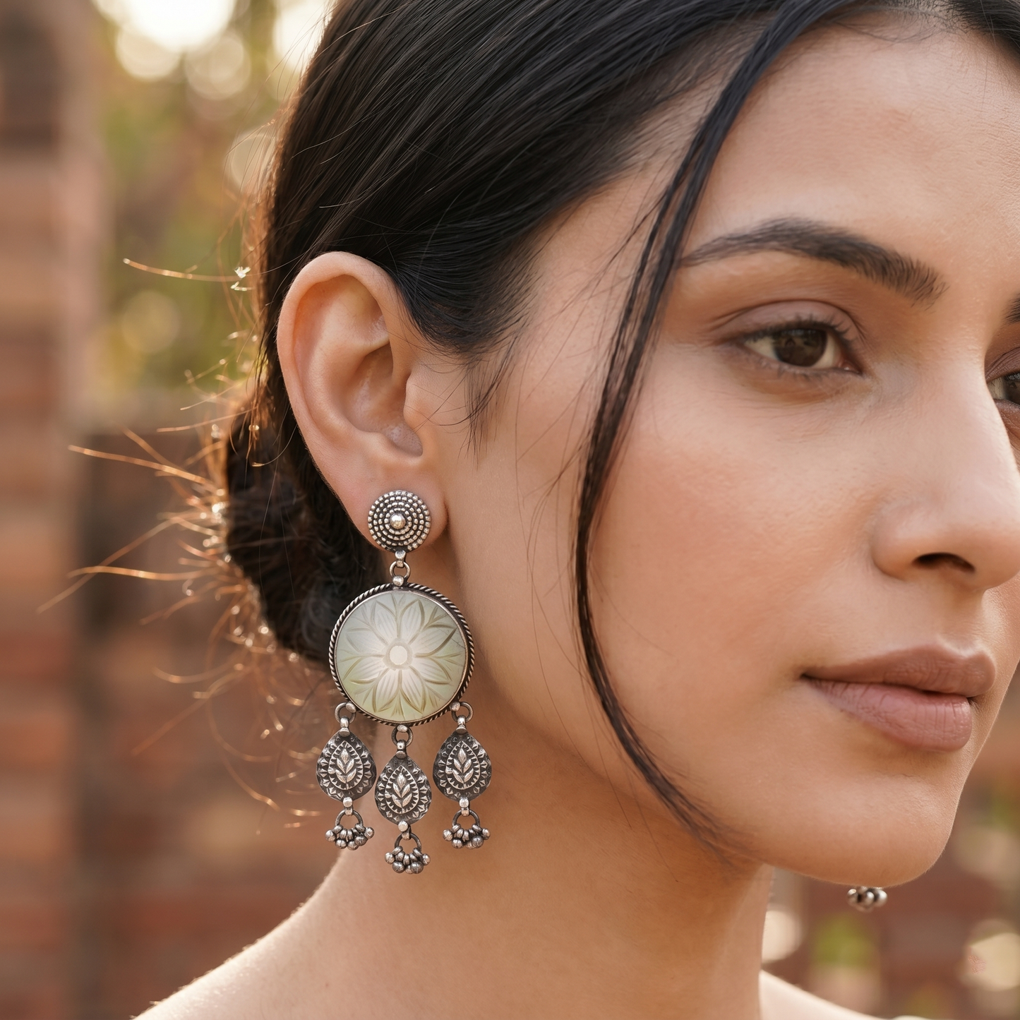 Sangeeta Boochra Floral Carving Stone Silver Earrings