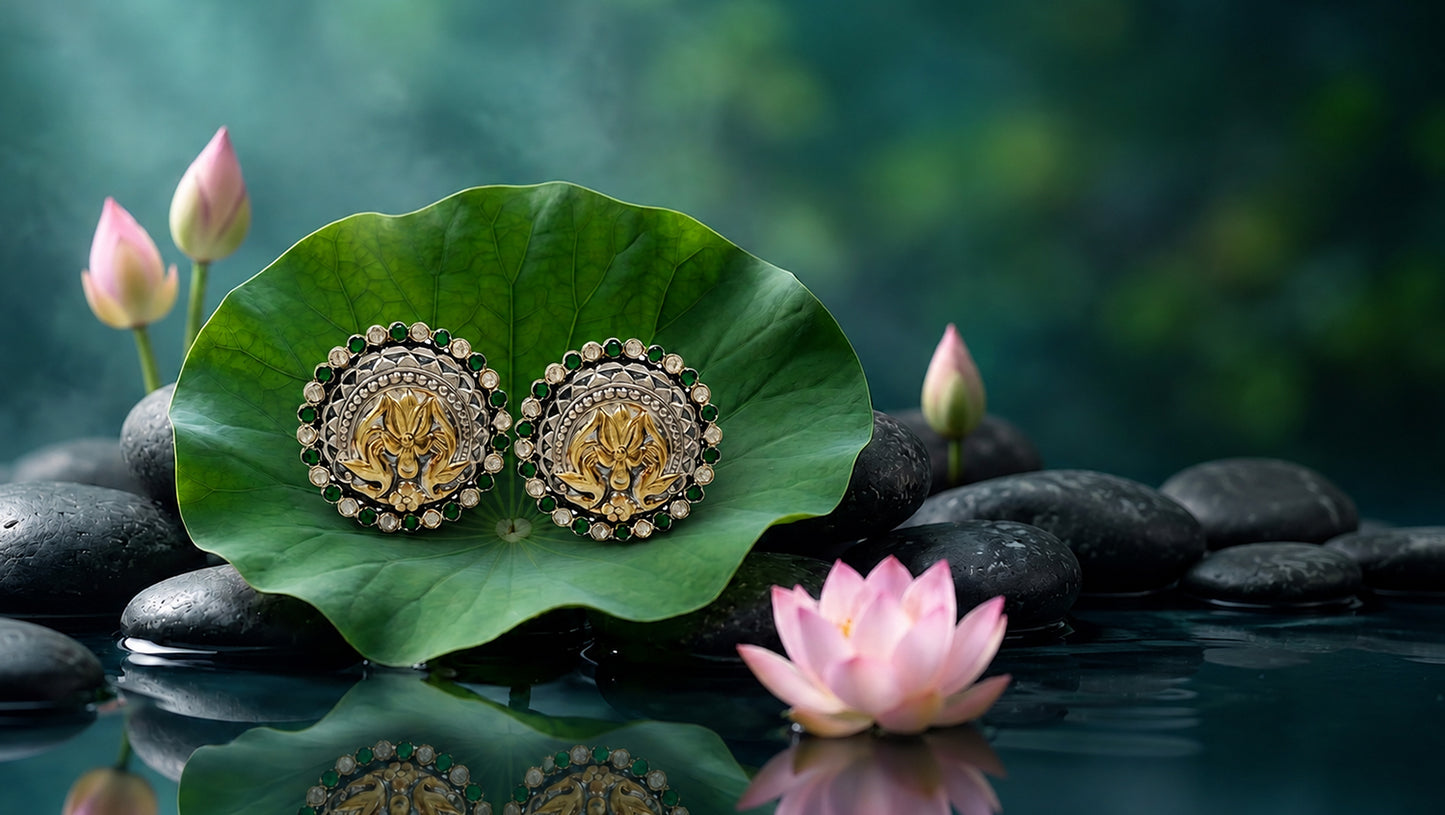 Sangeeta Boochra Handcrafted Dual Plated Silver Lotus Stud Earrings with Green & White Stones