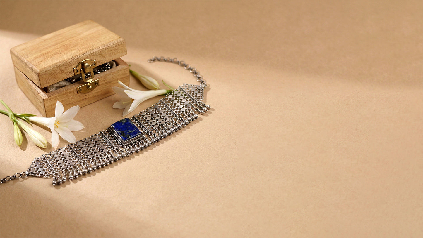 Sangeeta Boochra Handcrafted Oxidised Choker with Blue Centerpiece