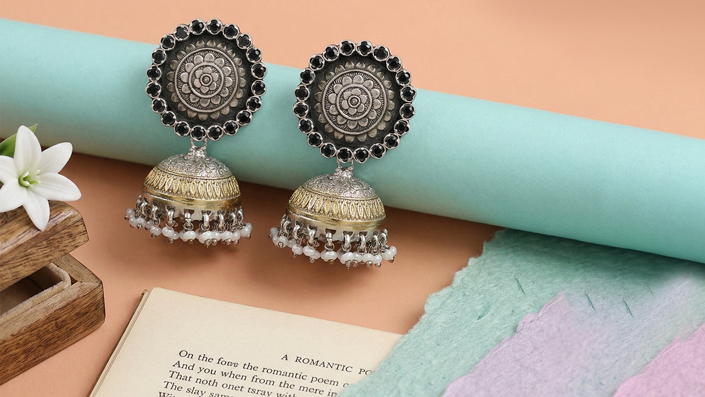 Sangeeta Boochra Artisan Dual Tone Engraved Jhumka Earrings
