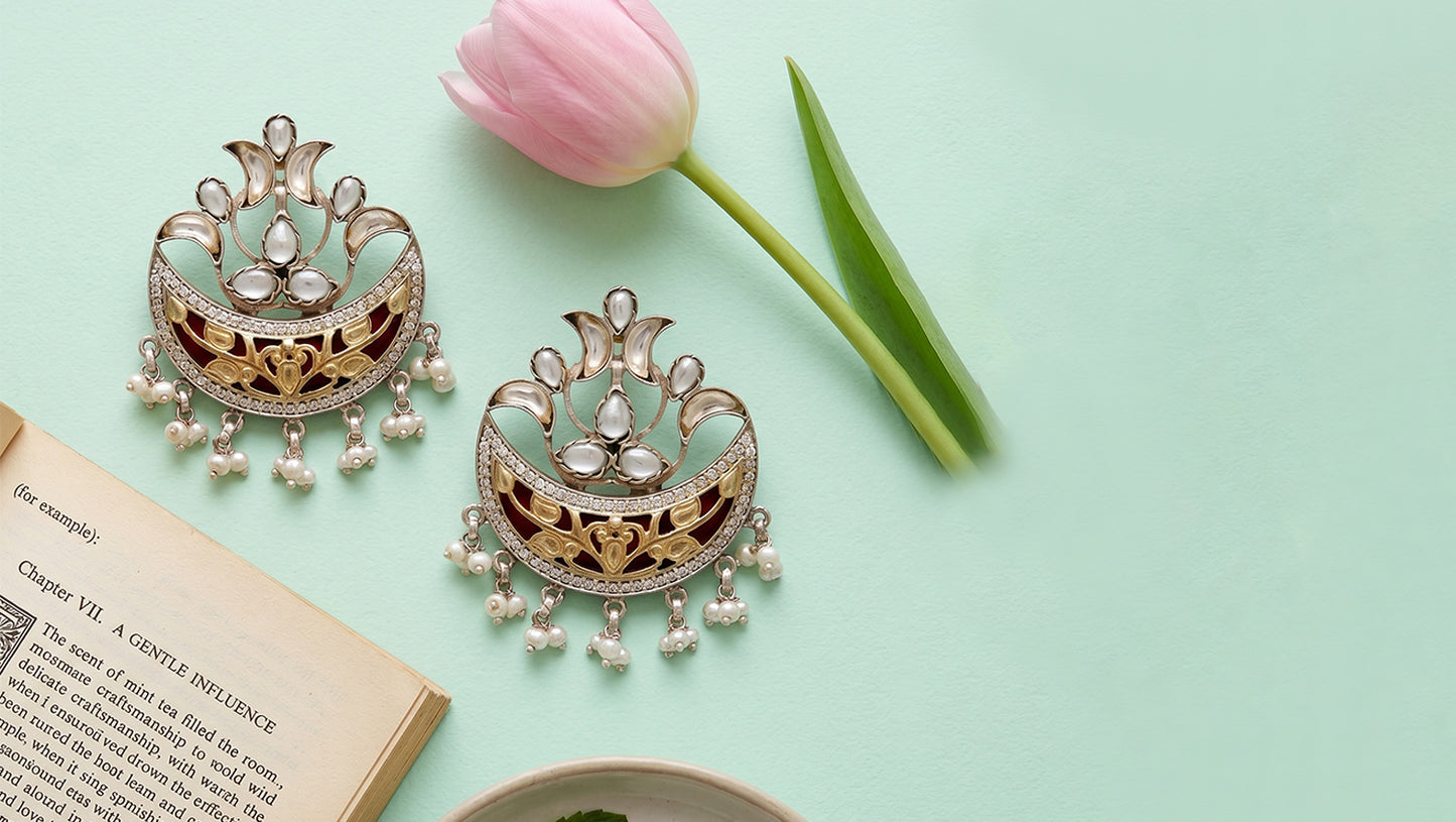 Sangeeta Boochra Signature Dual Plated Silver Kundan & Pearl Statement Earrings