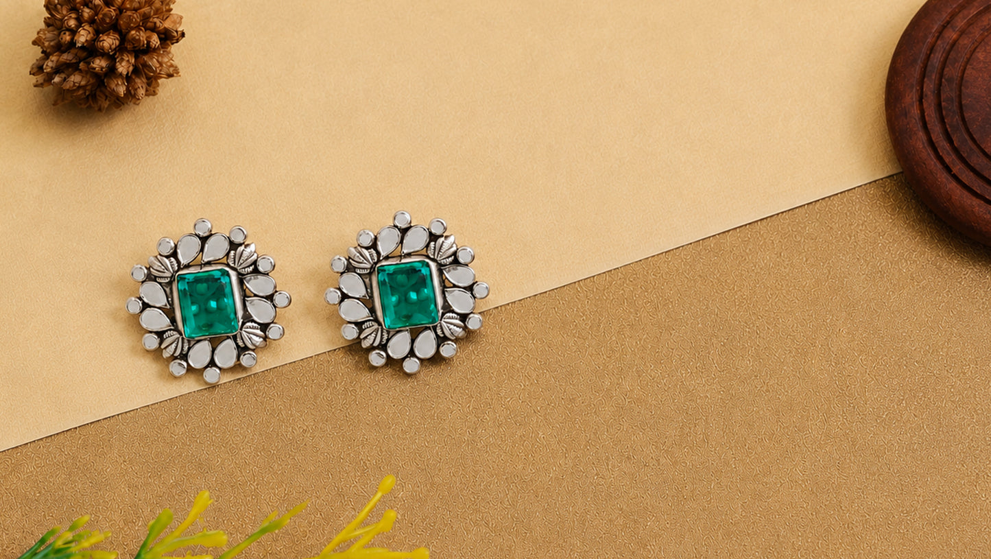 Sangeeta Boochra Artisan Silver Statement Stud Earrings with Green Gemstone