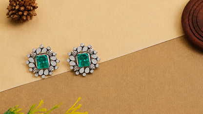 Sangeeta Boochra Artisan Silver Statement Stud Earrings with Green Gemstone