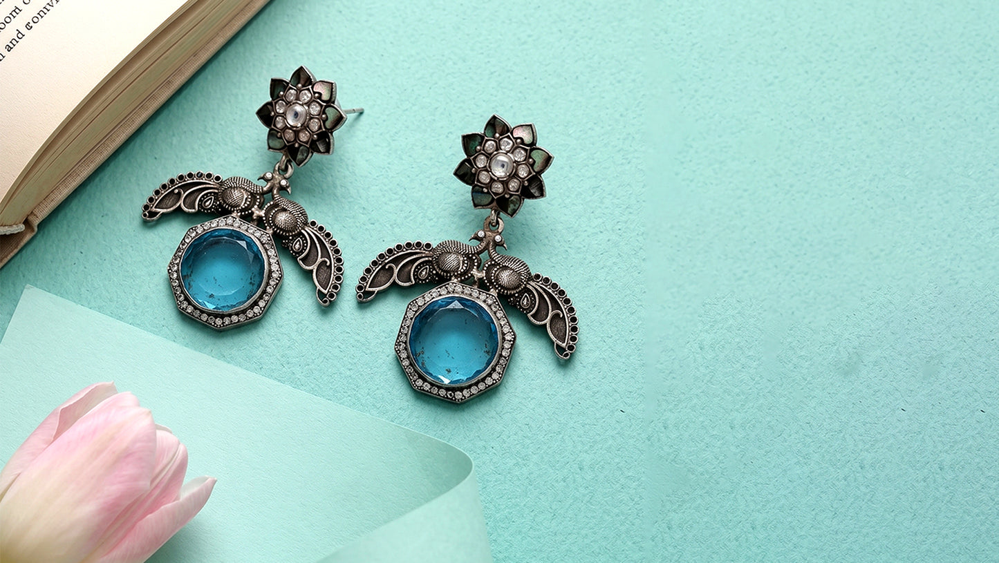 Sangeeta Boochra Floral & Peacock Silver Earrings