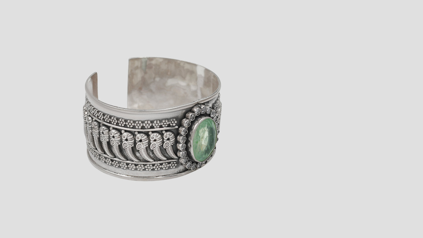 Sangeeta Boochra Heritage Oxidised Silver Cuff with Green Center Stone