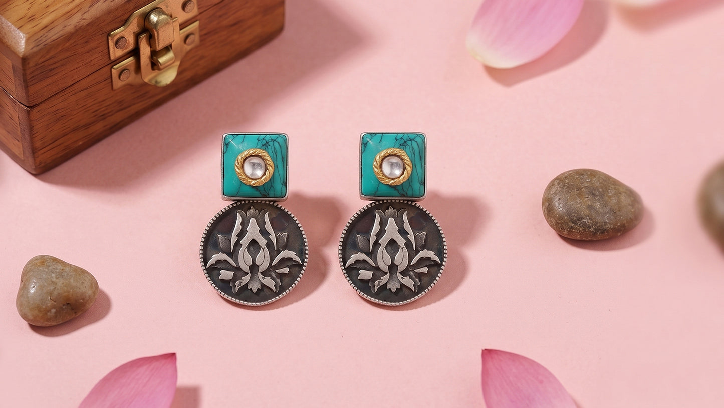 Sangeeta Boochra Turquoise Stone Floral Oxidised Silver Earrings