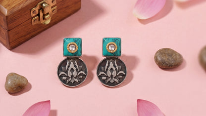 Sangeeta Boochra Turquoise Stone Floral Oxidised Silver Earrings