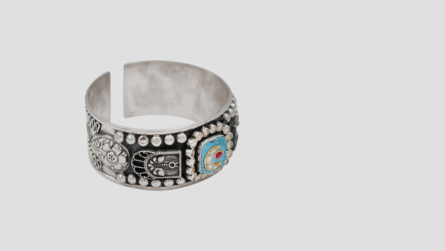 Sangeeta Boochra Artisan Oxidised Silver Cuff with Stone Detailing