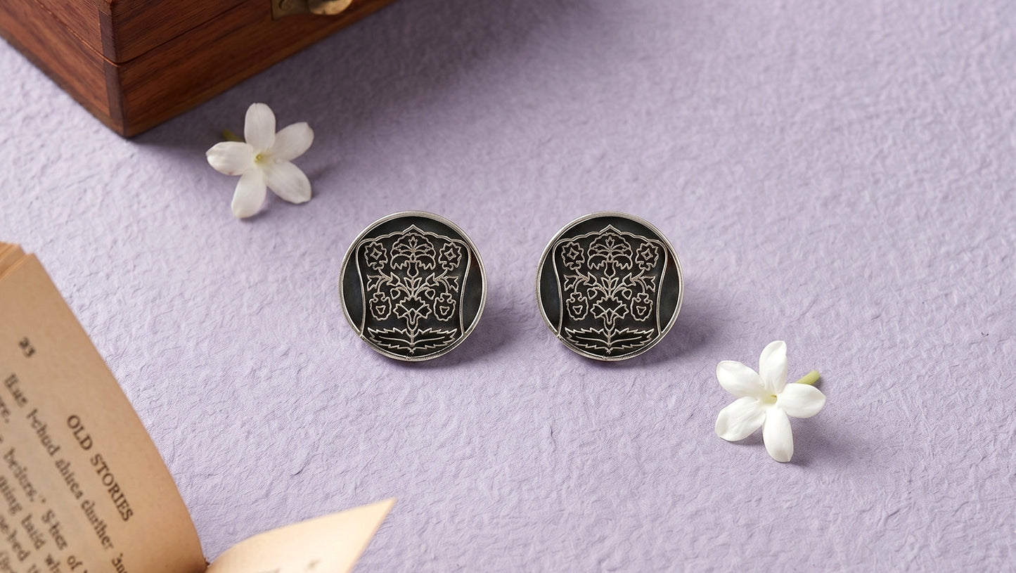 Sangeeta Boochra Heritage Motif Oxidised Silver Disc Earrings