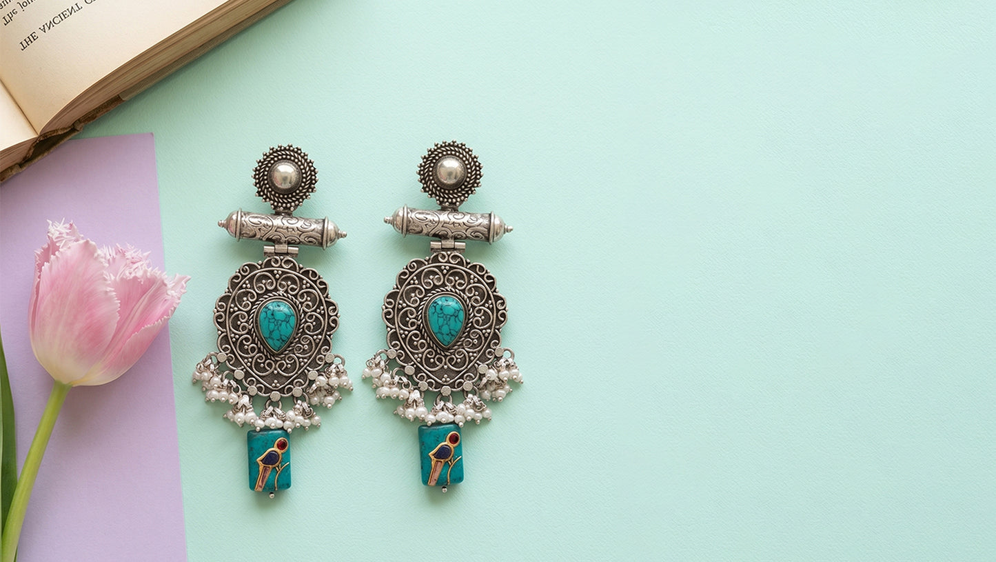 Handcrafted Oxidised Silver Turquoise Earrings for Women | Sangeeta Boochra