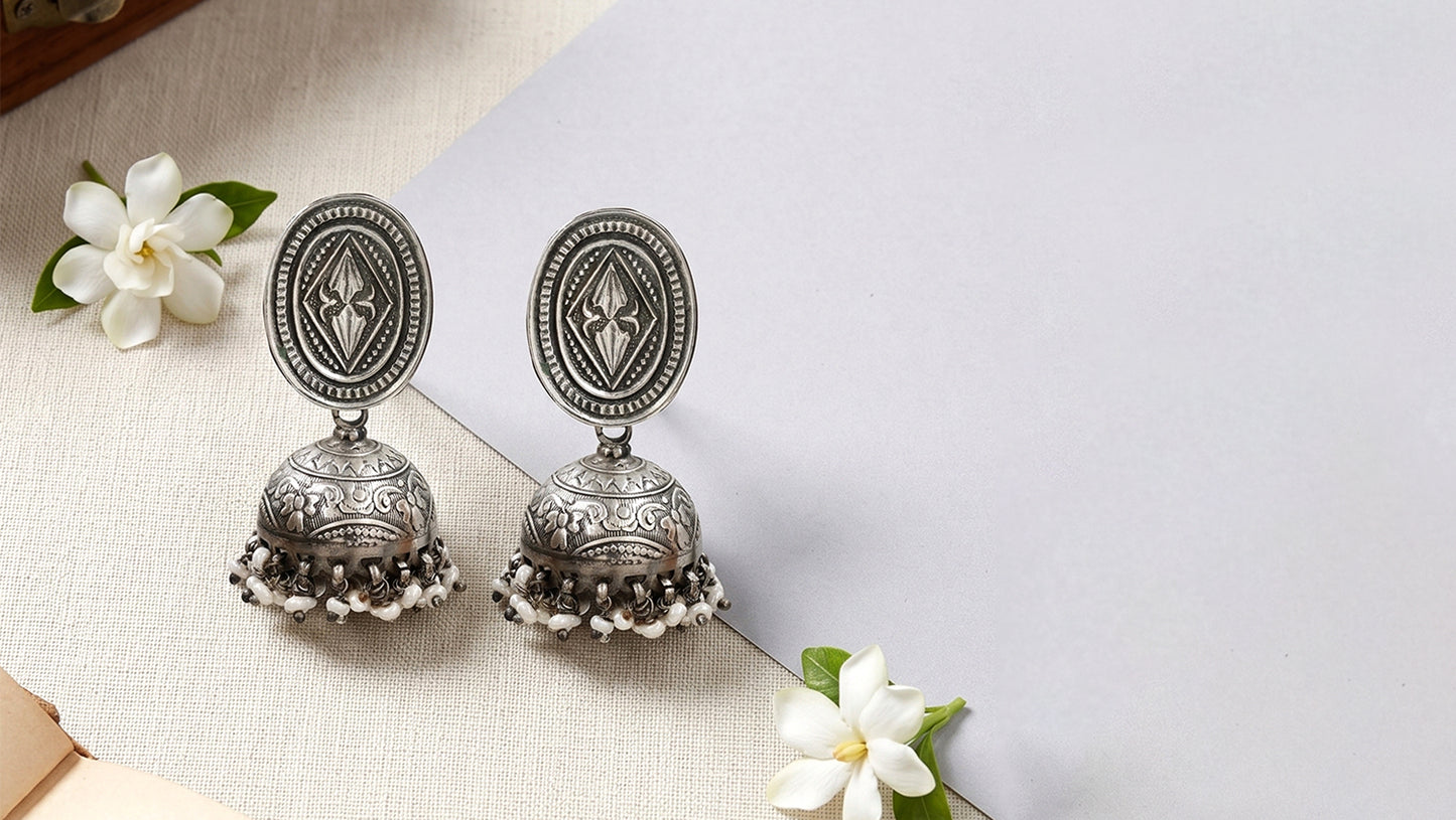Sangeeta Boochra Classic Oxidised Silver Jhumkas