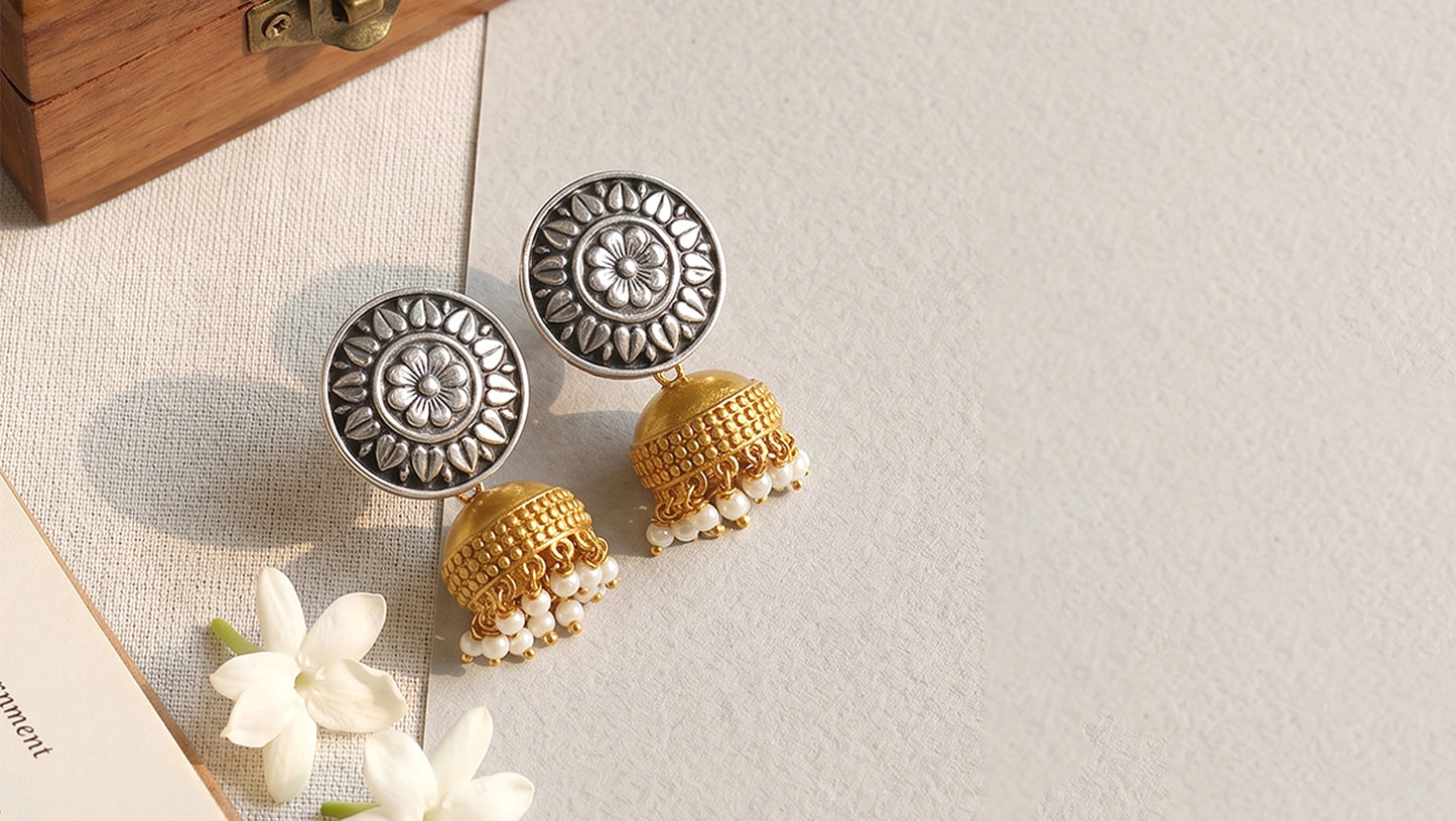 Sangeeta Boochra Ethnic Dual Tone Silver Pearl Drop Earrings