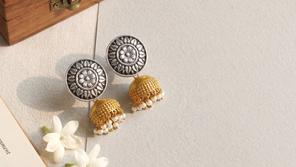 Sangeeta Boochra Ethnic Dual Tone Silver Pearl Drop Earrings
