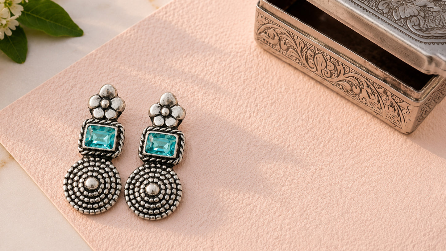 Sangeeta Boochra Handcrafted Oxidised Silver Aqua Blue Stone Drop Earrings
