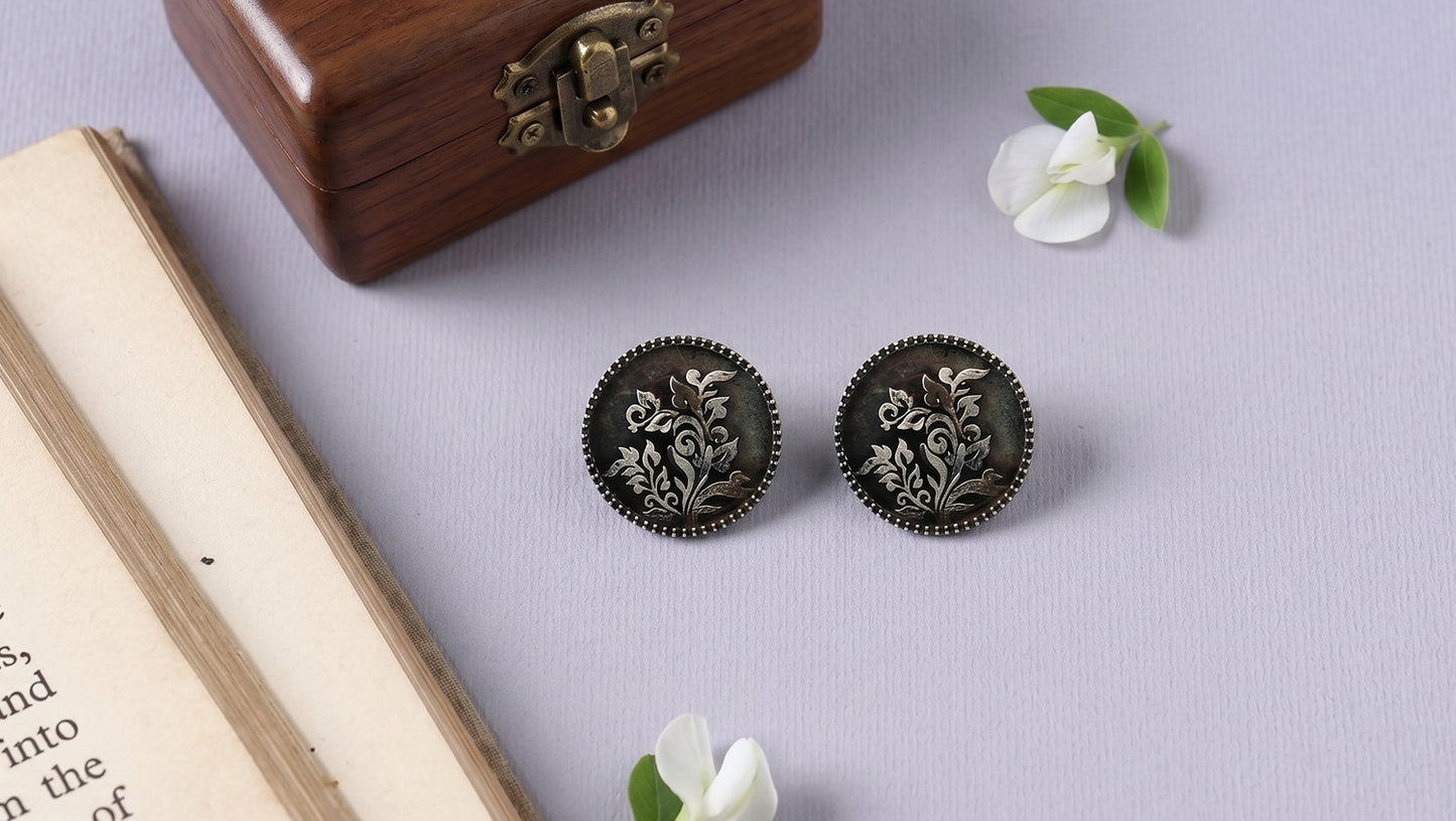 Sangeeta Boochra Handcrafted Floral Oxidised Silver Round Stud Earrings