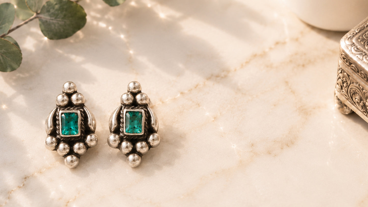 Handcrafted Oxidised Silver Stud Earrings with Green Stone | Sangeeta Boochra