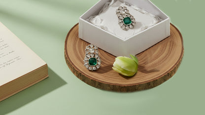 Sangeeta Boochra Polki Silver Earrings with Green Centre Stone