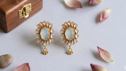 Sangeeta Boochra 925 Silver Gold Plated Moissanite & Aqua Stone Statement Earrings
