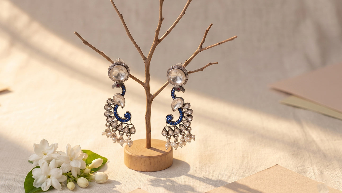 Sangeeta Boochra Peacock-Inspired Silver Earrings with Moissanite & Kundan