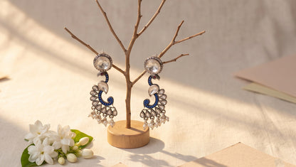 Sangeeta Boochra Peacock-Inspired Silver Earrings with Moissanite & Kundan