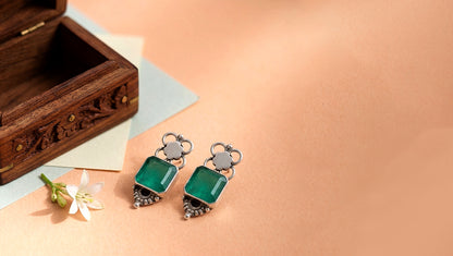 Sangeeta Boochra Handcrafted Silver Stud Earrings with Green Stone