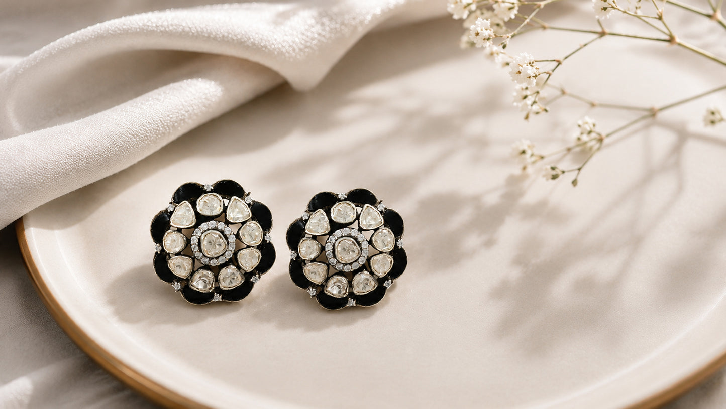 Sangeeta Boochra Handcrafted Silver Floral Earrings with Moissanite