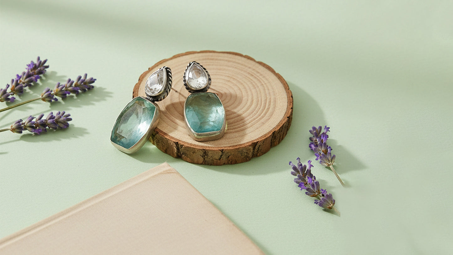 Sangeeta Boochra Silver Earrings with Aqua Blue  Stones