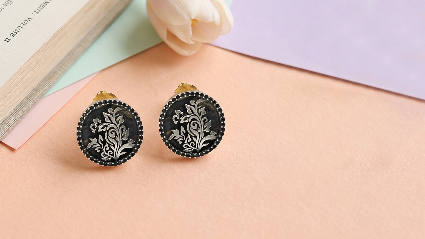Sangeeta Boochra Handcrafted Oxidised Silver Round Stud Earrings