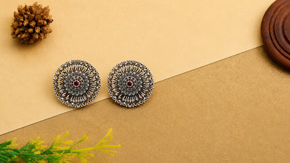 Sangeeta Boochra Heritage Silver Round Floral Stud Earrings