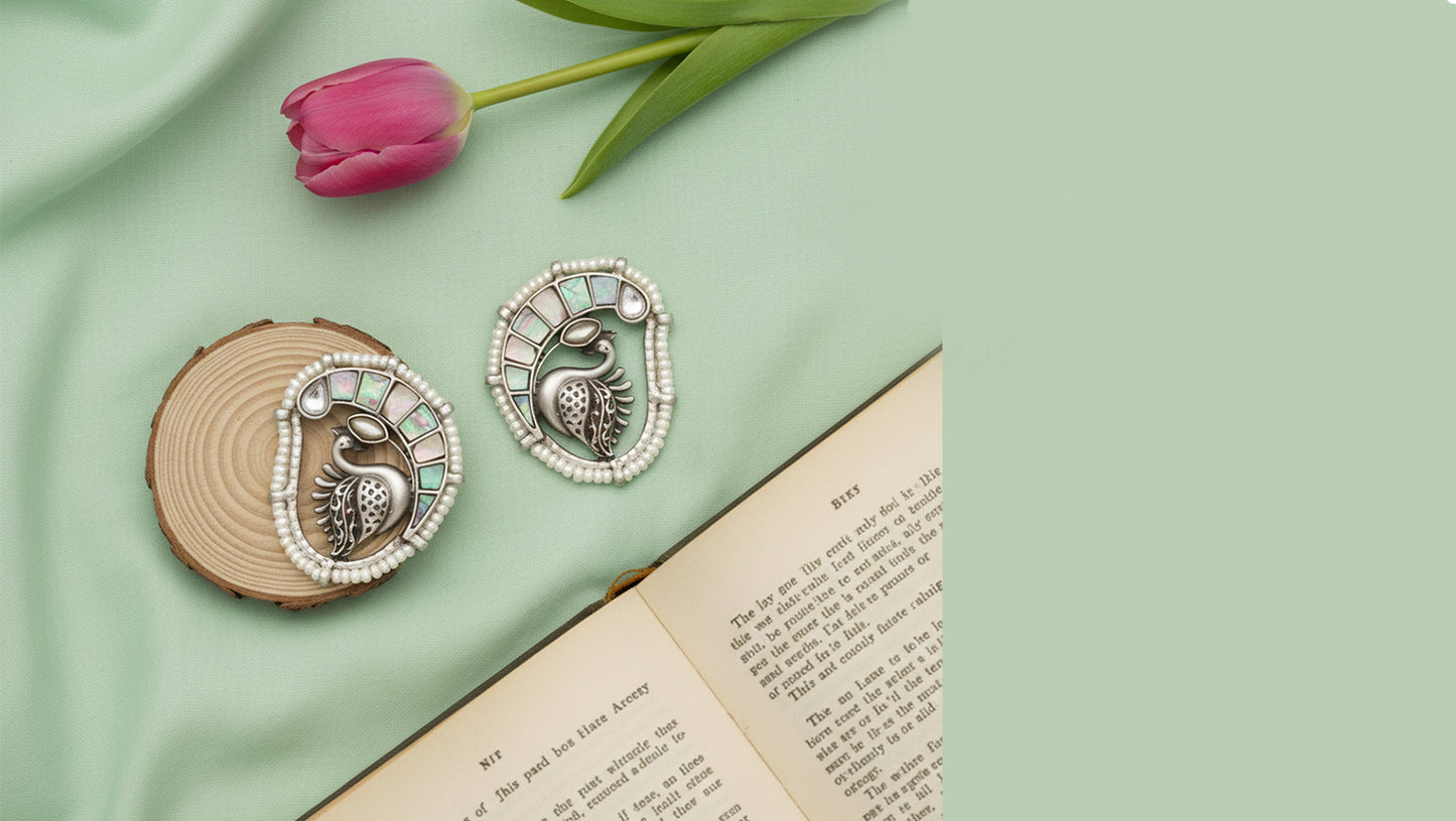 Sangeeta Boochra Classic Peacock Motif Silver Earrings