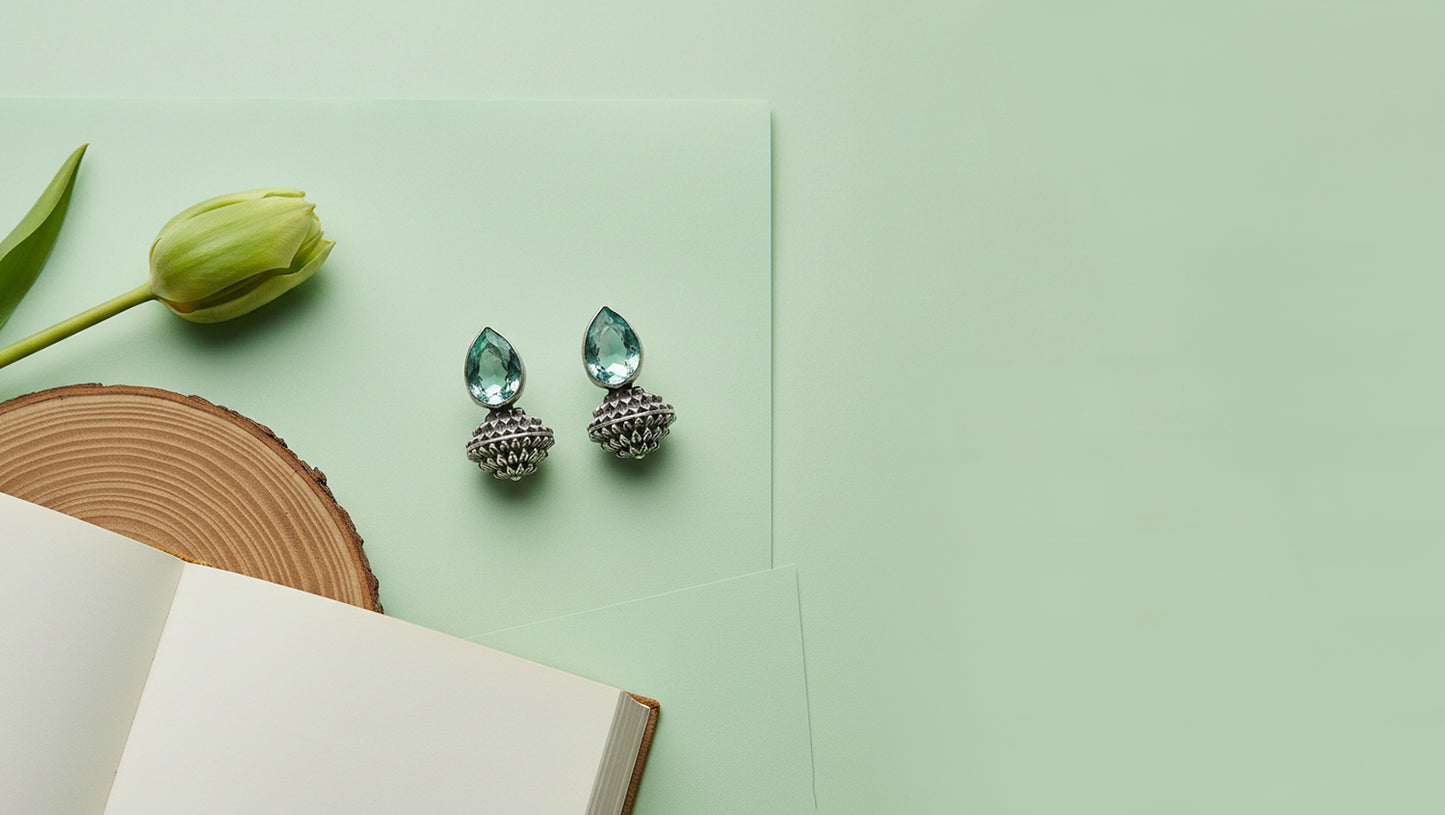 Sangeeta Boochra Designer Oxidised Silver Teardrop Stone Earrings