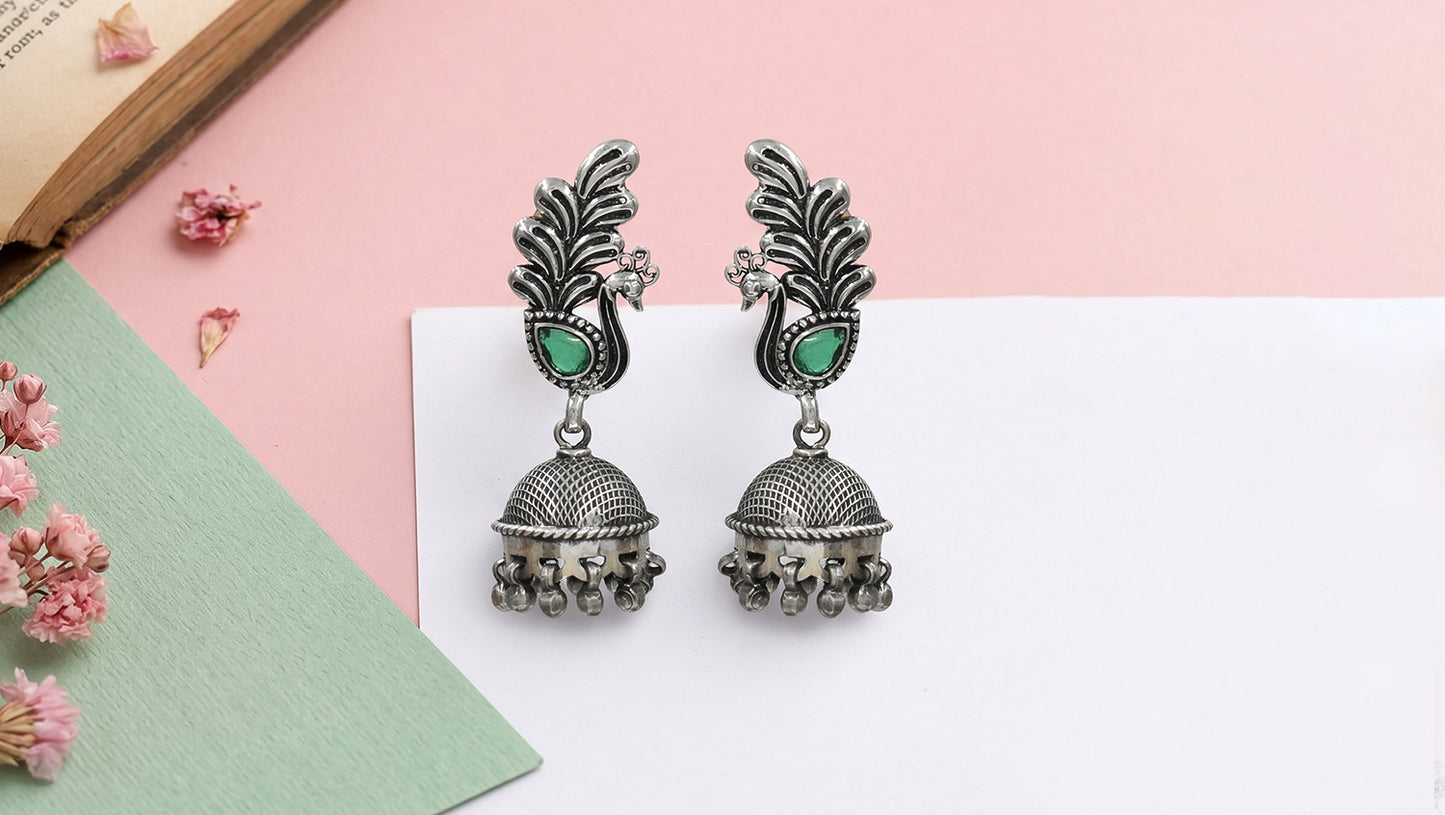 Vintage Peacock Charm Oxidised Earrings by Sangeeta Boochra