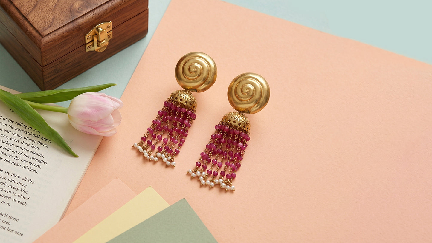 Sangeeta Boochra Elegant Gold Plated Pink Bead & Pearl Tassel Earrings