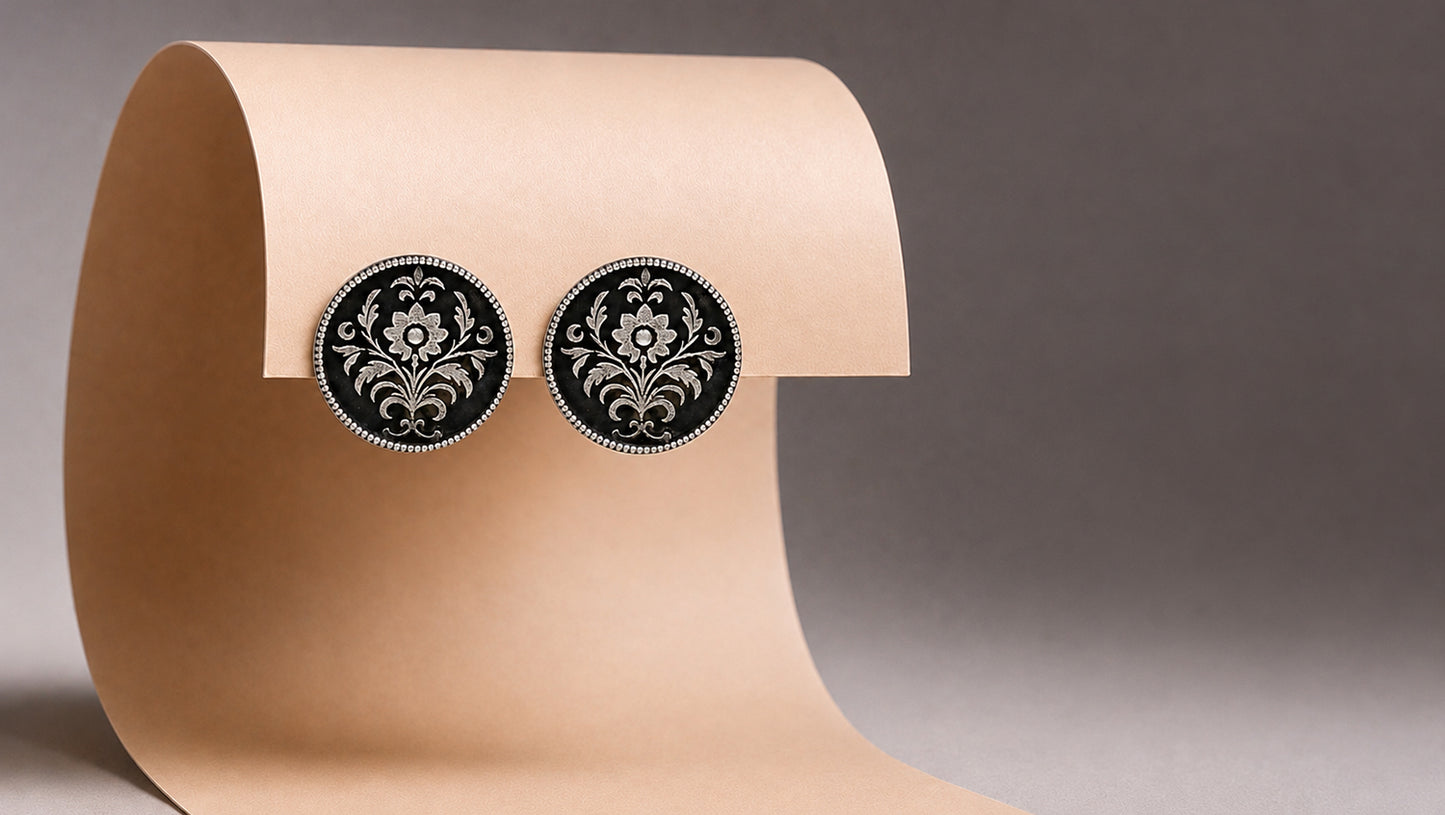 Sangeeta Boochra Handcrafted Oxidised Silver Engraved Floral Stud Earrings
